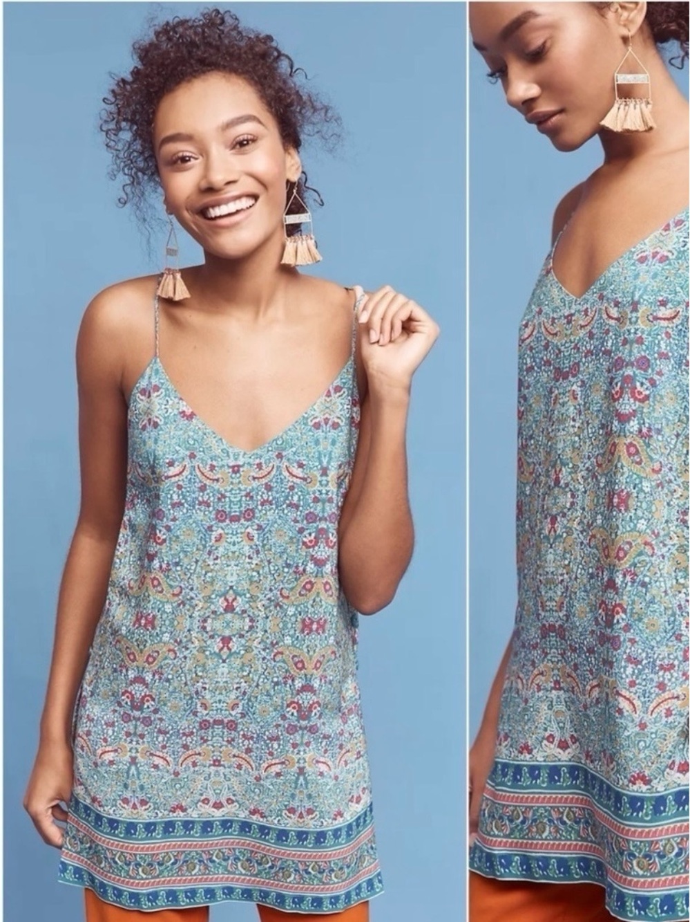 Anthropologie Maeve Blue Floral Spaghetti-Strap Silk Tunic Top